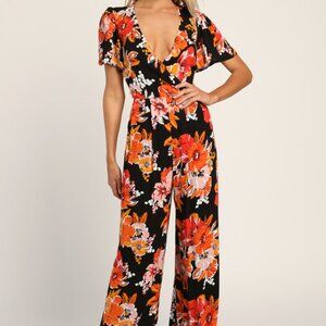 NWT- Lulus- Getaway Vibes Black Floral Print Jumpsuit- Size M